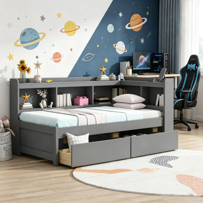 Twin Size Bed With L-Shaped Bookcases,Power Outlets, USB Charging Ports,Two Drawers