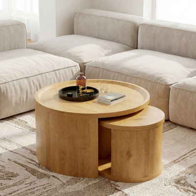 Set Of 2 Round Nesting Coffee Table, 31.5" Big 18" Small Stacking Side Table With Wood Top, Minimalist Center Table For Living Room Bedroom Small Space,natural Wood