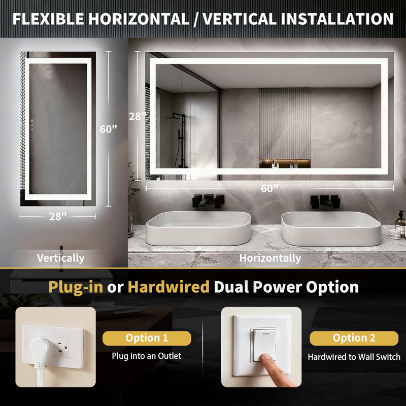 60" X 28" LED Bathroom Mirror With Dimmable Light Anti-Fog Lighted Vanity Mirror With 3 Color Modes, IP44 Waterproof Horizontal/Vertical Mount
