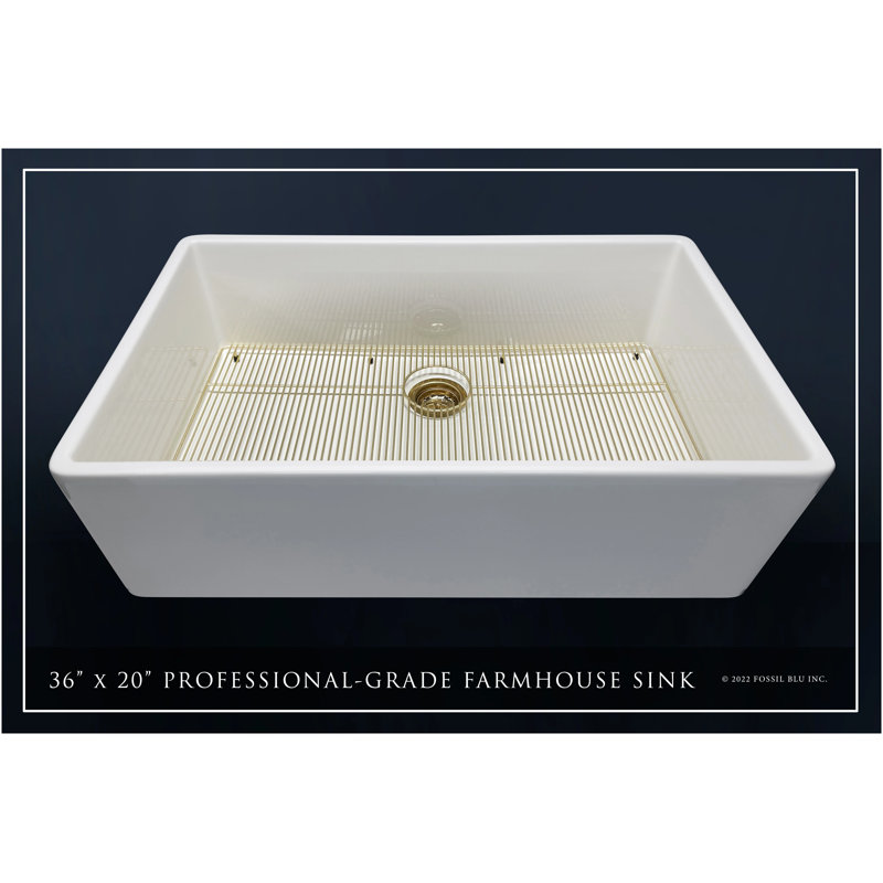 Luxury 36-Inch Solid Fireclay Farmhouse Sink, Flat Front, Brushed Brass Accessories