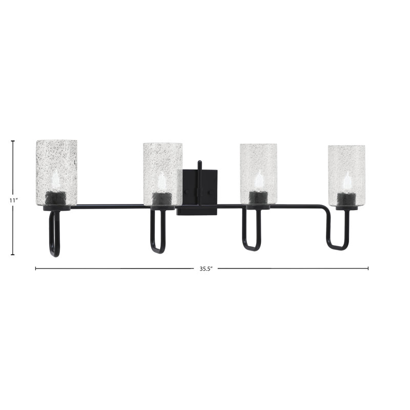 Barre d'éclairage de salle de bain 4 lumières Amarmula, finition noir mat, verre à bulles 4 po, Noir, Transparent/noir