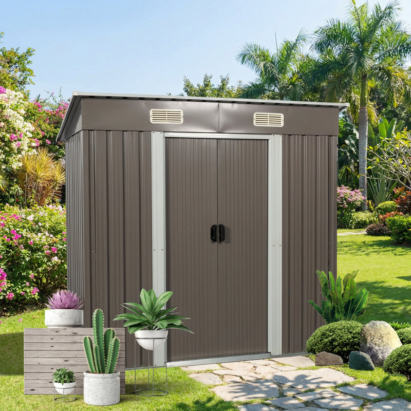 Abri de jardin en acier galvanisé gris de 1,83 m x 1,22 m avec porte coulissante et cadenas