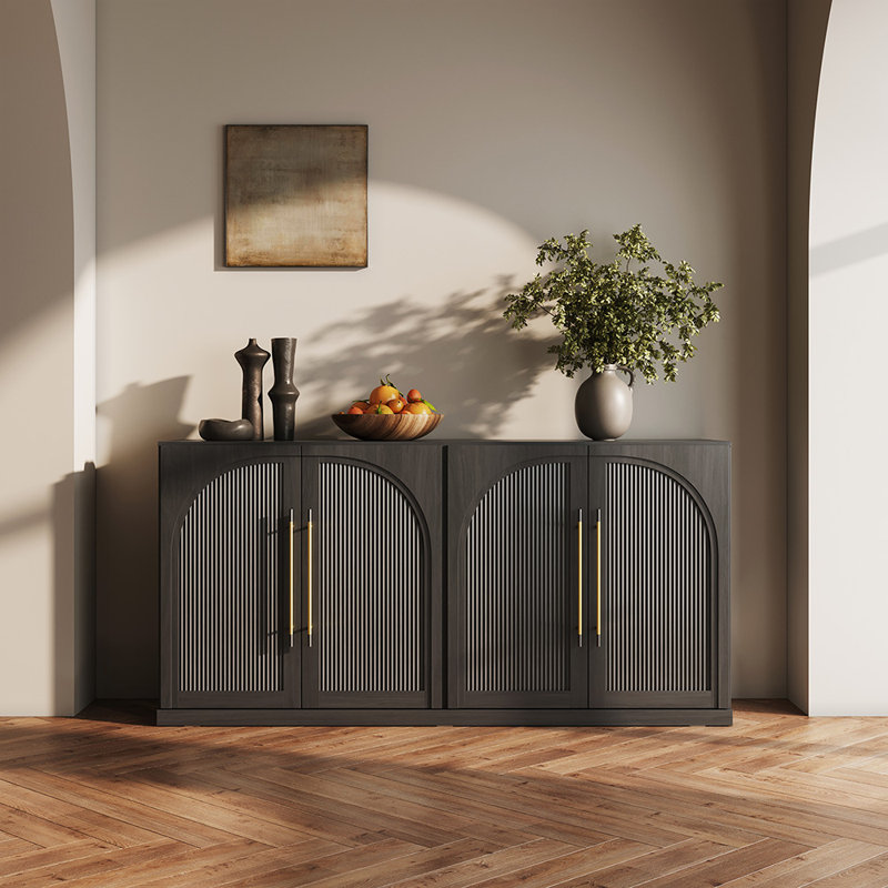 Buffet 65 po avec portes en bois à double arc et tablettes réglables, ébène, Ébène