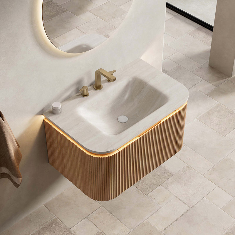 Meuble-lavabo suspendu avec lavabo intégré en pierre frittée à motif de travertin, tiroir, éclairage à détecteur de mouvement et finition rayée 3D, aspect bois naturel, TH