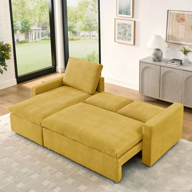 L Shaped Convertible Sleeper Sofa Bed, 90" Sectional Couch For Living Room , Pull Out Bed, Reversible Chaise With Storage , Removable & Washable Yellow Corduroy Covers