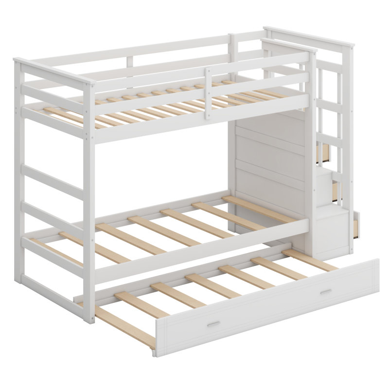 Bunk Bed With Trundle And Staircase, White