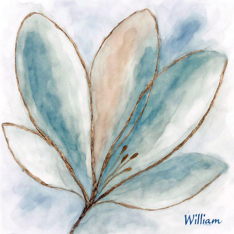 «Blue Petal Grace», art mural aquarelle sur toile avec détails dorés, H 20 po x l 20 po