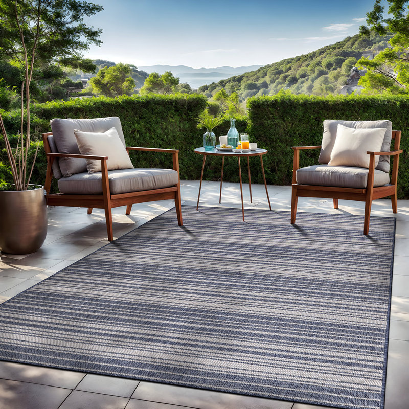 Tapis rayé bleu intérieur / extérieur Waikiki, Rectangle 7 pi 10 po x 10 pi