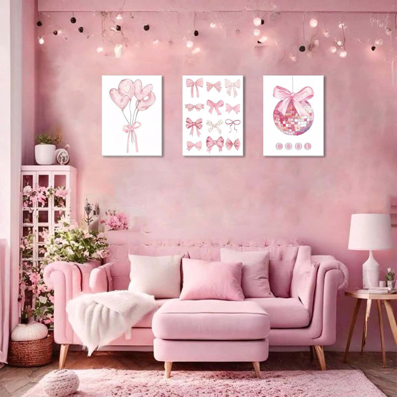 Preppy Pink Bow Canvas Wall Art, Trendy Bows Coquette Room Wall Decor Paintings, Pink Girly Disco Aesthetic Posters Prints Pictures Dorm Bedroom Framed
