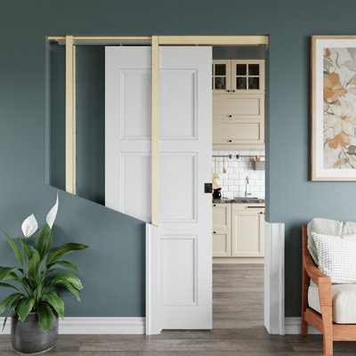 Sliding Bypass Pocket Door Recessed 3 Paneled Sliding Door Solid Core With Privacy Pocket Lock