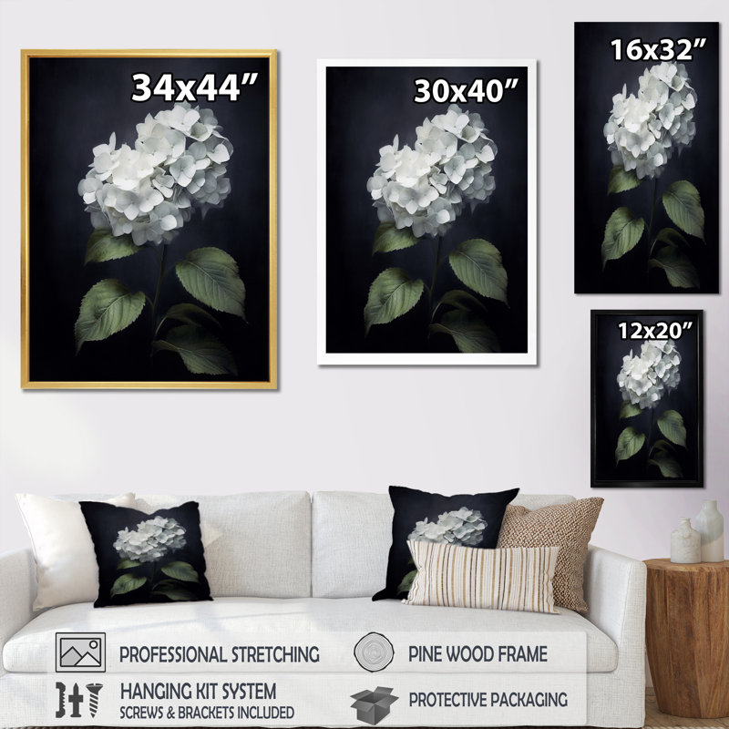 Fleurs d'hortensia noires et blanches sur toile, Cadre flottant blanc, H 40 po x l 30 po x P 1,5 po