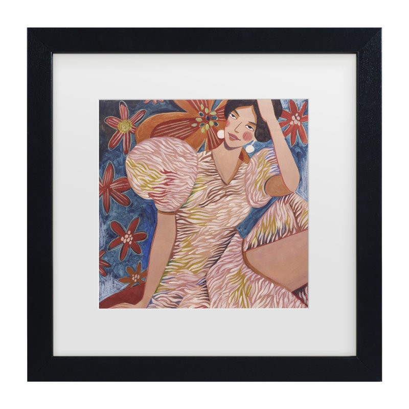 Caroline Bonne Muller Woman Striped Dress Matted Framed Art, 13" H x 13" W, Black