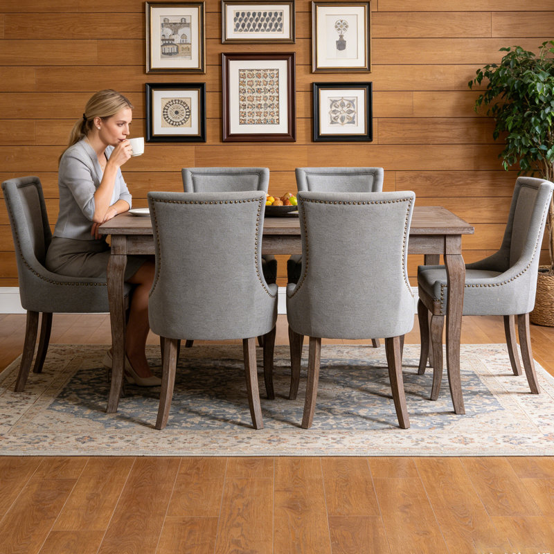 Farmhouse Upholstered Side Chairs Set of 6, Vintage Solid Wood Kitchen Dining Chairs with Nailhead Trim & High Back Support, 350lbs Weight Capacity