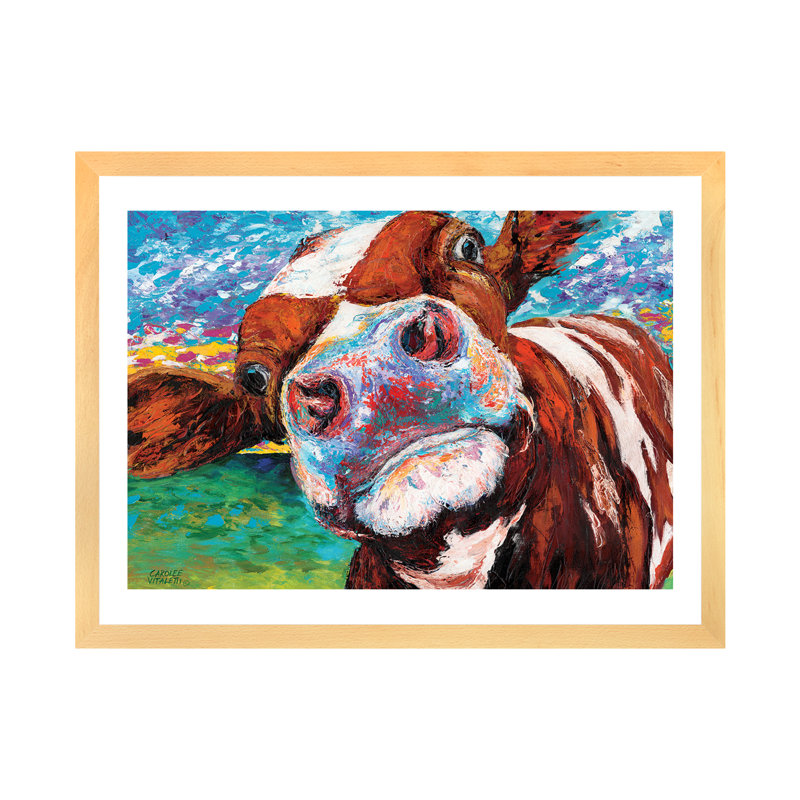 «Curious Cow I» par Carolee Vitaletti - impression d'art graphique, H 24 po x l 32 po x P 1 po, Cadre brun