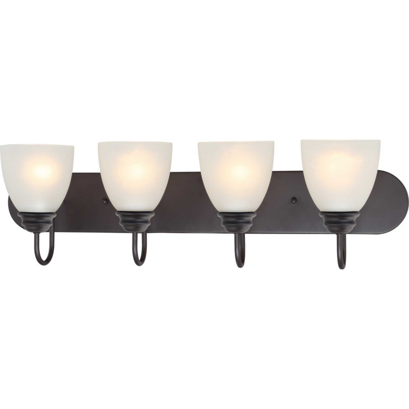 Applique murale d'intérieur 4 lumières pour salle de bain ou meuble-lavabo en bronze antique avec abat-jour cloche en verre givré blanc Mari