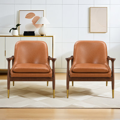 [Ensemble de 2] Chaise d'appoint Mid-Century de 29,2 po en similicuir avec assise rembourrée, structure en bois massif et pieds en laiton - parfait pour le salon, la chambre à coucher ou le salon de bureau