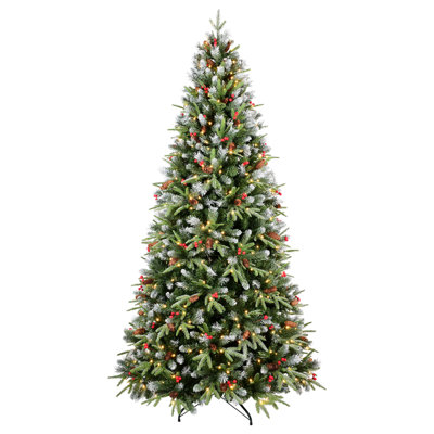 Arbre de Noël avec lumières DEL, branches enneigées, baies rouges et pommes de pin, conception à charnières pour une installation rapide et un décor des Fêtes