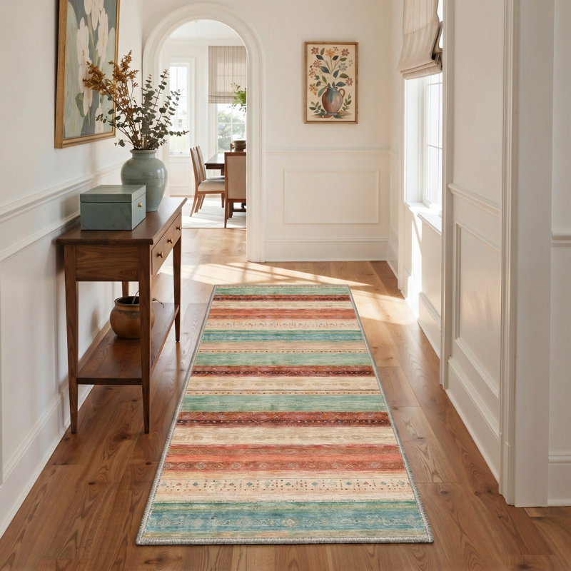 Tapis de couloir rayé corail / bleu sarcelle lavable à la machine avec envers antidérapant, Tapis de couloir 96 po x 30 po