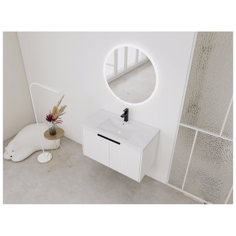 Meuble-lavabo mural 36 po avec lavabo en résine et portes à fermeture en douceur, blanc, White, Matte Black