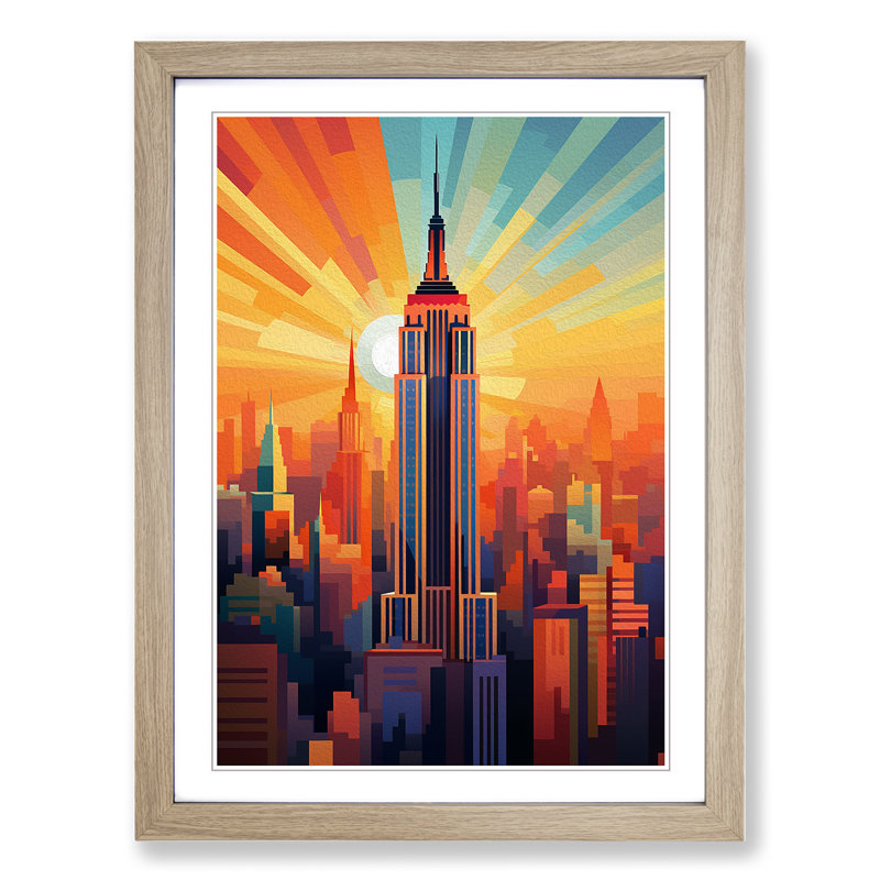 Empire State Building Orphism No.3 1 Piece Single Picture Frame Wall Art, 46cm H x 34cm W x 2cm D, Oak