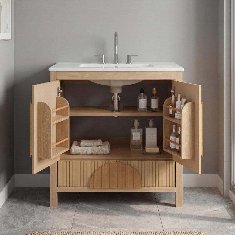 Meuble-lavabo autoportant cannelé moderne de 30 pouces avec lavabo en céramique