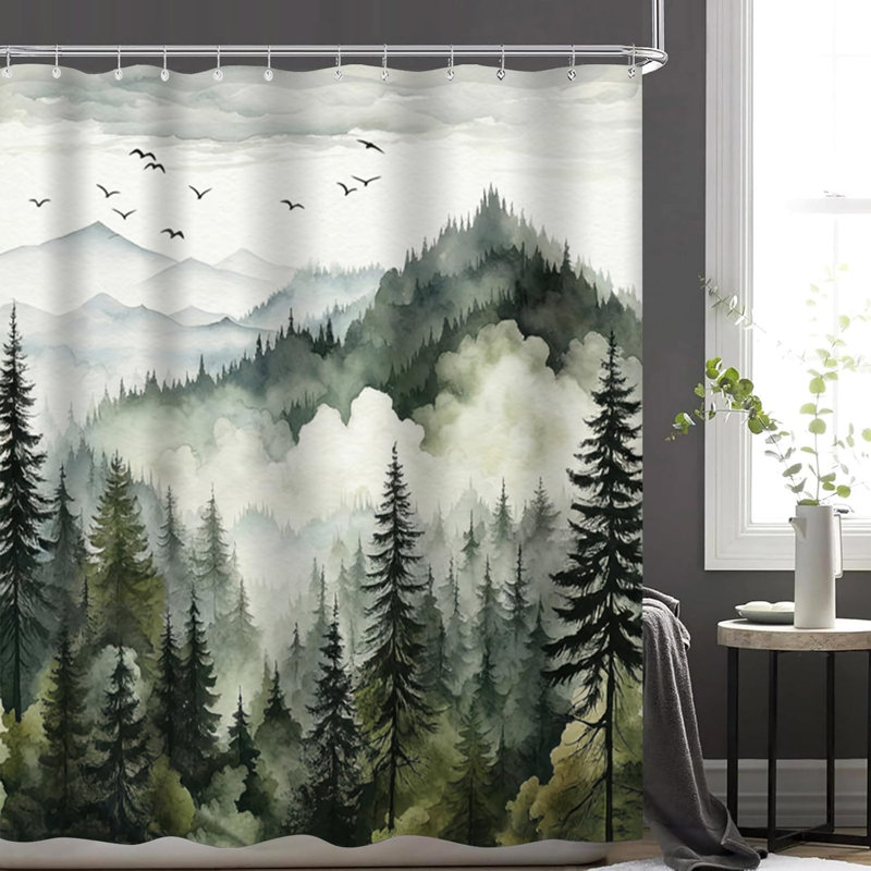 Ensemble de rideau de douche 4 pièces Green Misty Forest