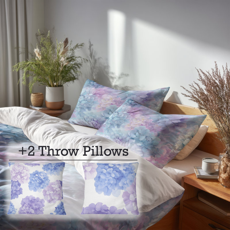 French Country Bedding Set Of 5 - Lavender Pastel Hydrangea Dream Duvet Cover And Throw Pillow Set