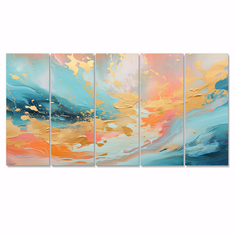 Sensuelle tendresse orangée turquoise - ensemble d'art mural abstrait 5 pièces, H 28 po x l 60 po