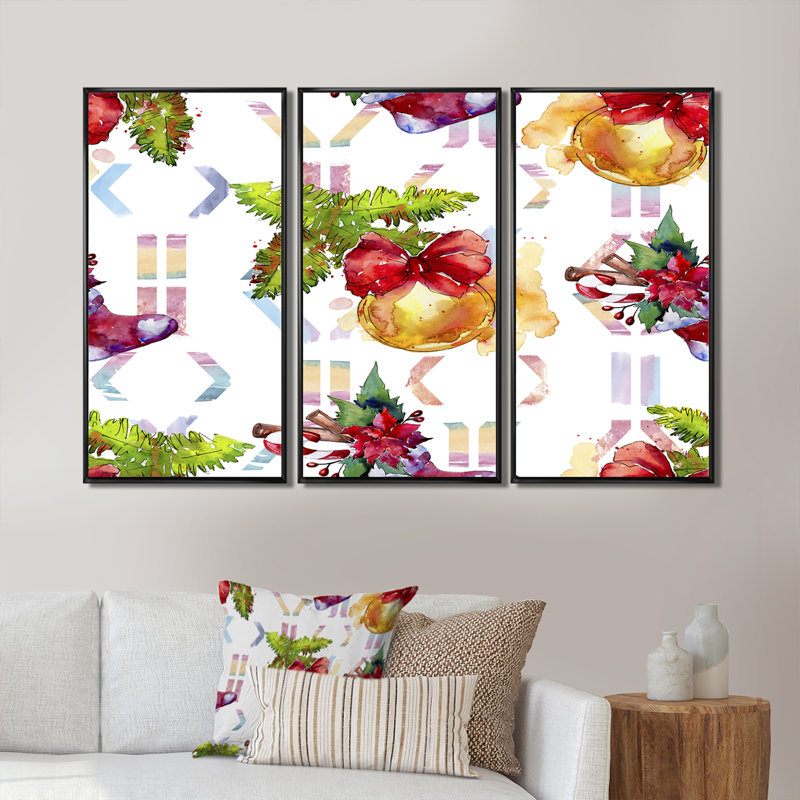 «Christmas Winter Holiday Symbols», ensemble de 3 toiles encadrées, H 28 po x l 36 po x P 1 po, Cadre noir