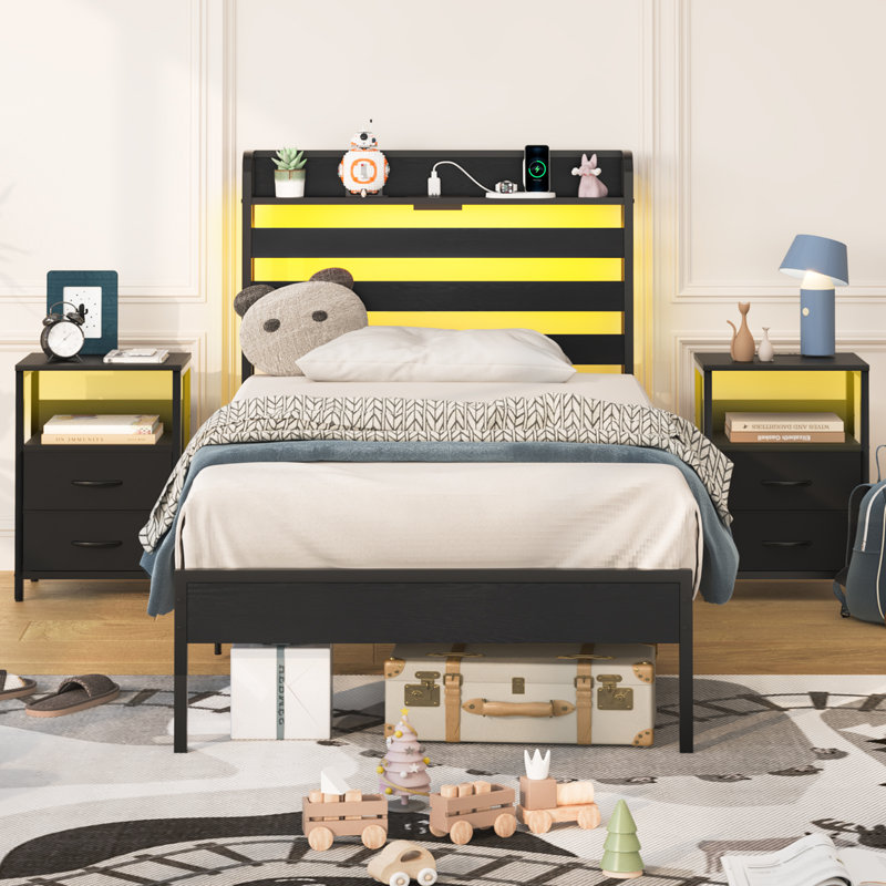 Queen Bed Frame with USB Port&LED ,Standard Queen Size Bed Frame with Headboard,Black, Queen, Black