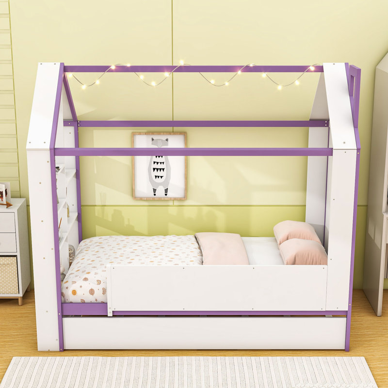 Lit en forme de maison avec lumière DEL blanc froid, lit gigogne caché et tablettes de rangement, Lit simple, White Purple