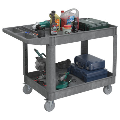 550lbs Utility Cart With Wheels, Heavy Duty Rolling Service Cart, Plastic Tools Cart On Wheels, 2 Shelf Tool Cart For Warehouse,garage, Cleaning