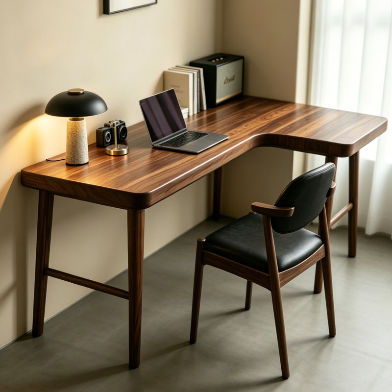 Bureau en bois de noyer durable en forme de L, H 29,52 po x l 55,11 po x P 39,37 po
