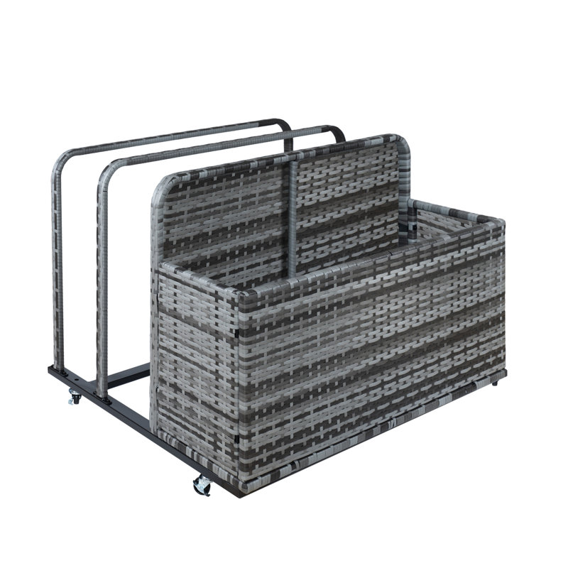Double Layer Outdoor Storage Basket, Waterproof PE Rattan Deck Box with Wheels, for Pool Floats, Toys & Cushions, Gradient Gray