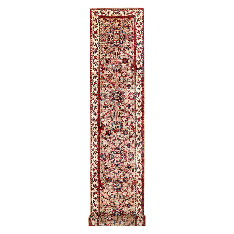 Tapis de couloir unique en laine noué à la main de 2 pi 6 po x 14 pi 2 po rouge / ivoire / bleu marine