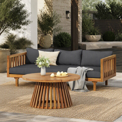 Ensemble de meubles de patio en bois d'acacia, lit de jour d'extérieur 3 places (avec coussins épais résistants à l'eau) et table basse ronde, coussin gris foncé