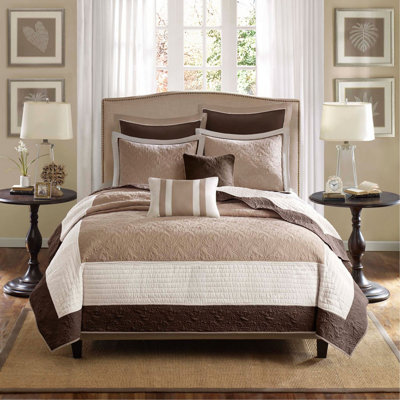 7 Piece Quilt Set With Euro Shams And Throw Pillows Beige