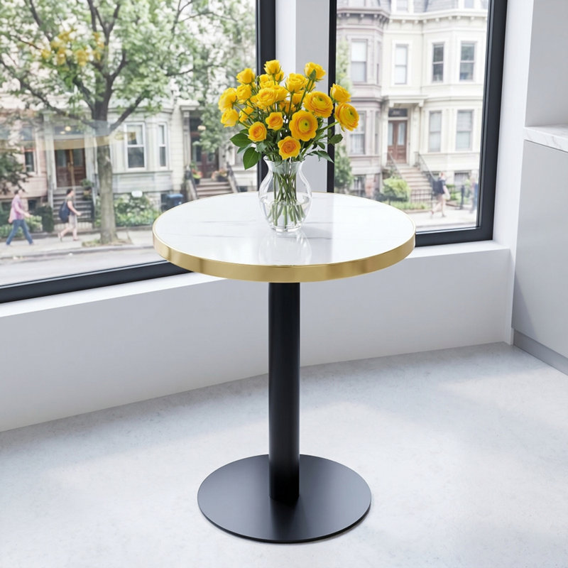 Table basse 23,6 po ronde à texture de marbre avec revêtement UV, table de bout moderne de luxe avec rebord en acier inoxydable