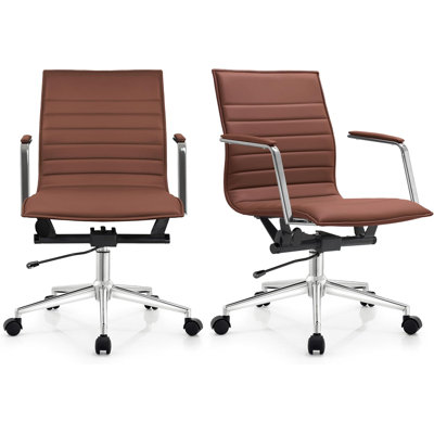 Set of 2 Modern Contemporary Slim Seek Mid Back Office Chair Ribbed With Arms Adjustable Height Swivel Wheels Chrome Base