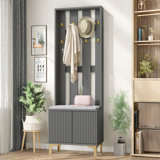 Boutwell Hall Tree With Cushion, Versatile Coat Rack With 8 Gold Hooks And Legs, Entryway Bench With Adjustable Shelves & Fluted Doors