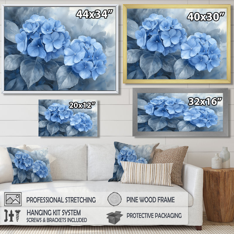 Hortensias dans un jardin en niveaux de gris II - hydrangées, art mural, Impression encadrée flottante, H 16 po x l 32 po