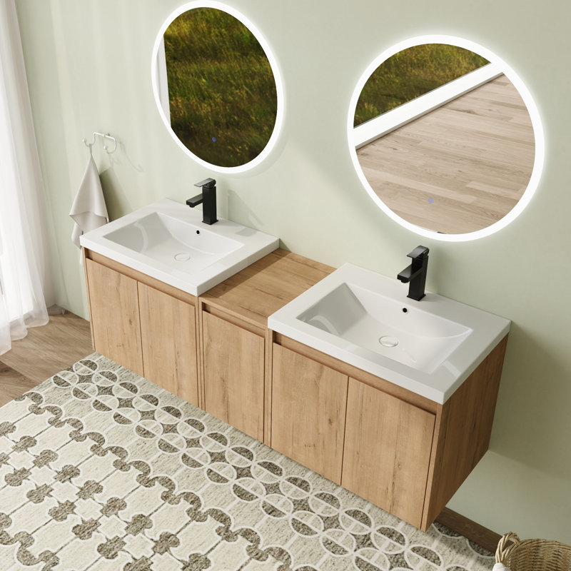 Meuble-lavabo flottant mural 60 po avec plateau en résine et portes à fermeture en douceur 60 po
