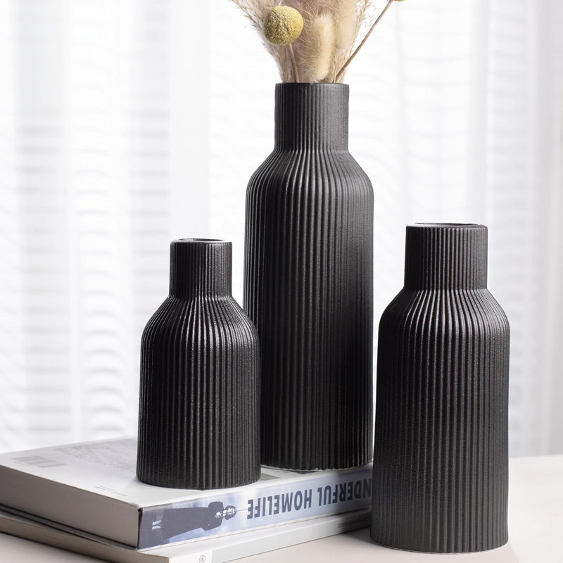 Set Of 3 Black Ceramic Vases