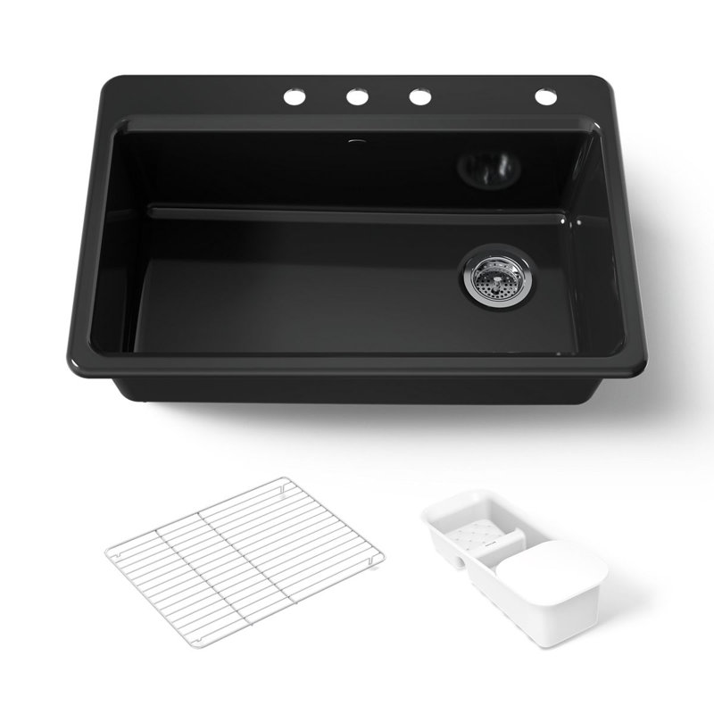 Riverby™ Single-Bowl Top-Mount Kitchen Snk with Accessories, Black, 4 hole