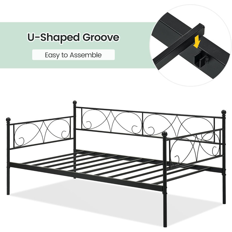 Twin Metal Daybed with Trundle, Steel Slats, Space-Saving Sofa Bed, Black, Black