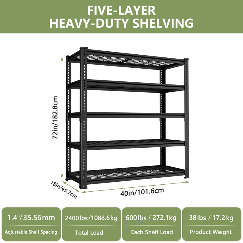 Étagère de rangement en métal 5 niveaux, H 72 po x l 40 po x P 18 po
