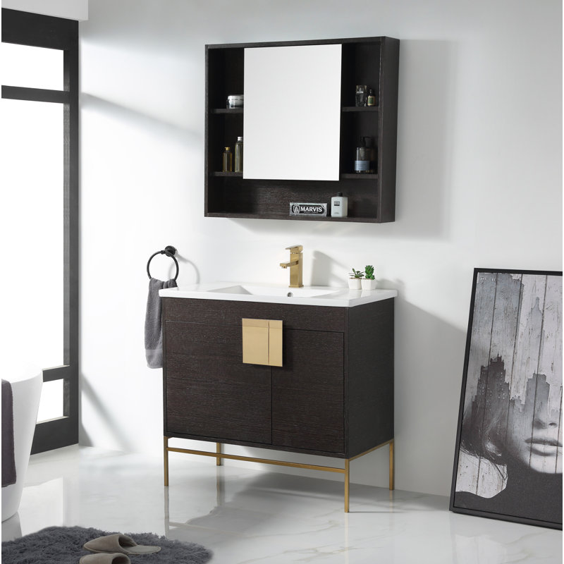 Ensemble de meuble-lavabo simple 36 po Maisie, Laiton satiné, Chêne noir à grain droit