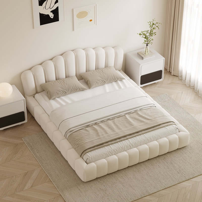 Queen Size Upholstered Tufted Bed With Headboard, Beige