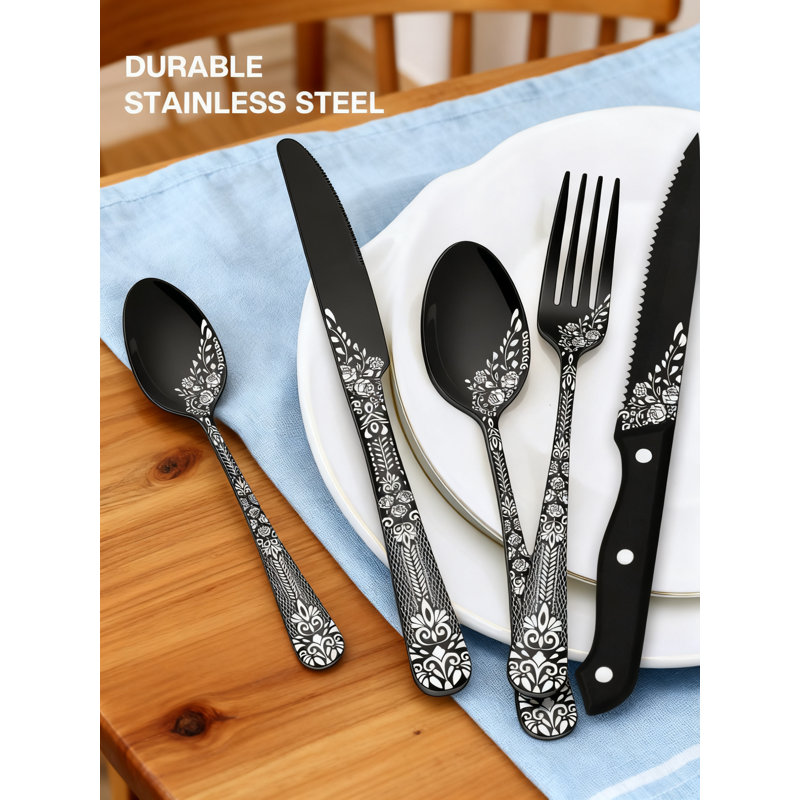 Ensemble de couverts 24 pièces en acier inoxydable pour 4 avec couteaux à steak, ensemble de couverts poli miroir avec motif floral au laser dans une boîte cadeau de qualité supérieure, collection Silverware allant au lave-vaisselle