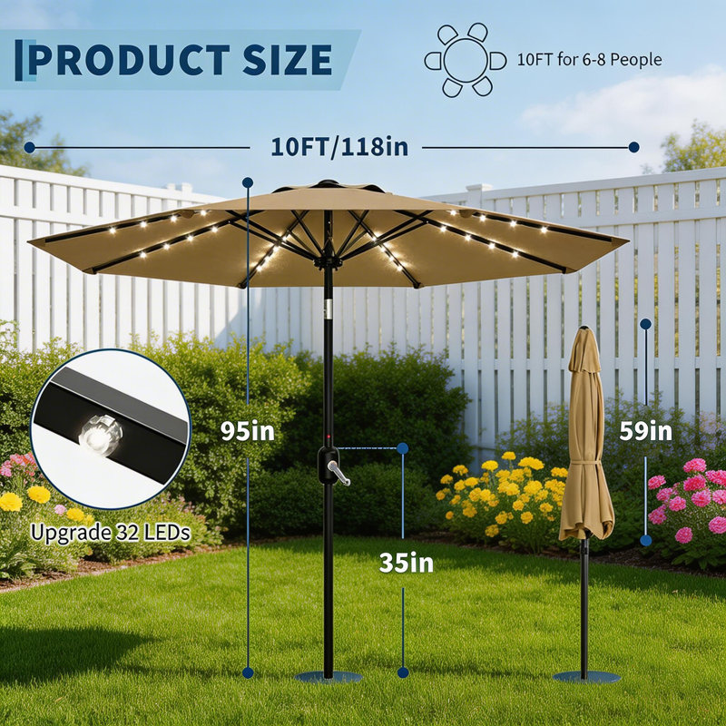 Parasol de patio 10 pi, 8 baleines robustes, avec lumières, Tanné